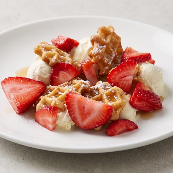 Golden waffles with vanilla ice cream, fresh strawberries, powdered sugar, and syrup on a white plate.