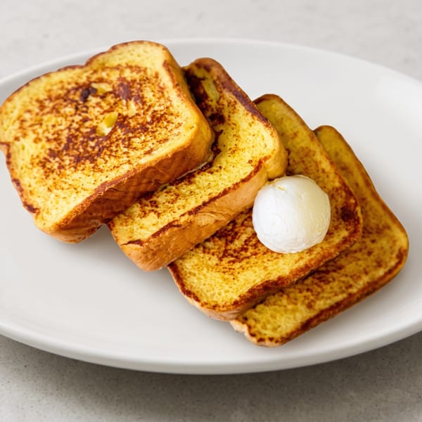 Four slices of golden French toast with a dollop of butter on a white plate.