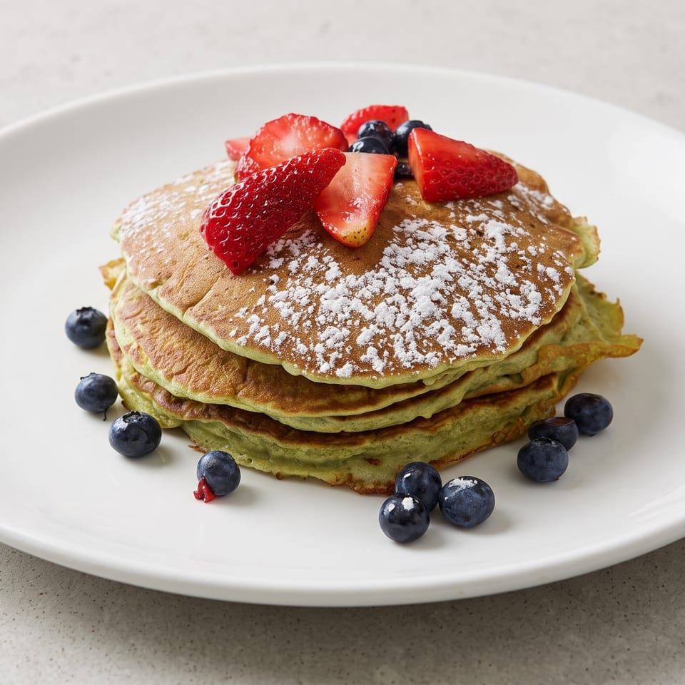 Stack of green pancakes with powdered sugar, strawberries, and blueberries on a white plate.