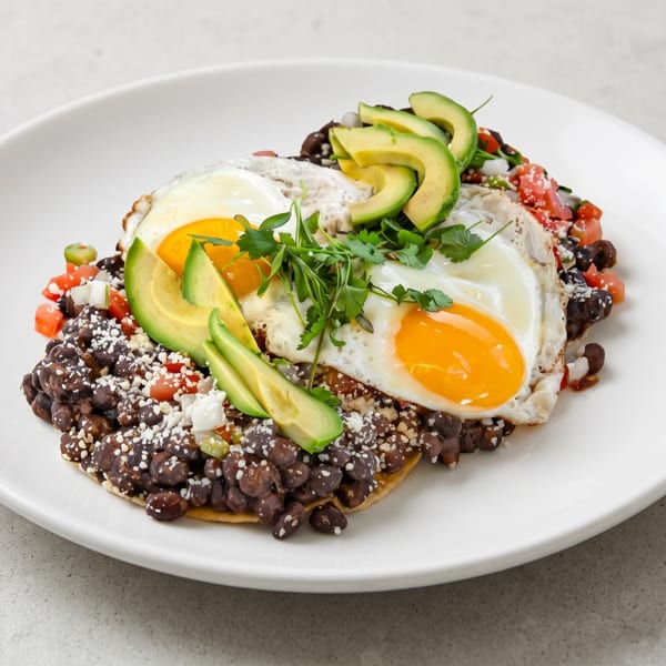 Huevos rancheros with two fried eggs, black beans, avocado, and pico de gallo on a white plate.