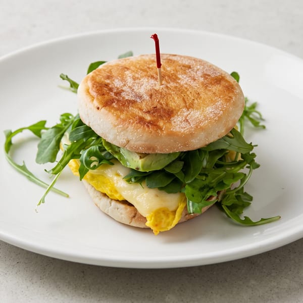 Breakfast sandwich with egg, cheese, avocado, and arugula on an English muffin, served on a white plate.